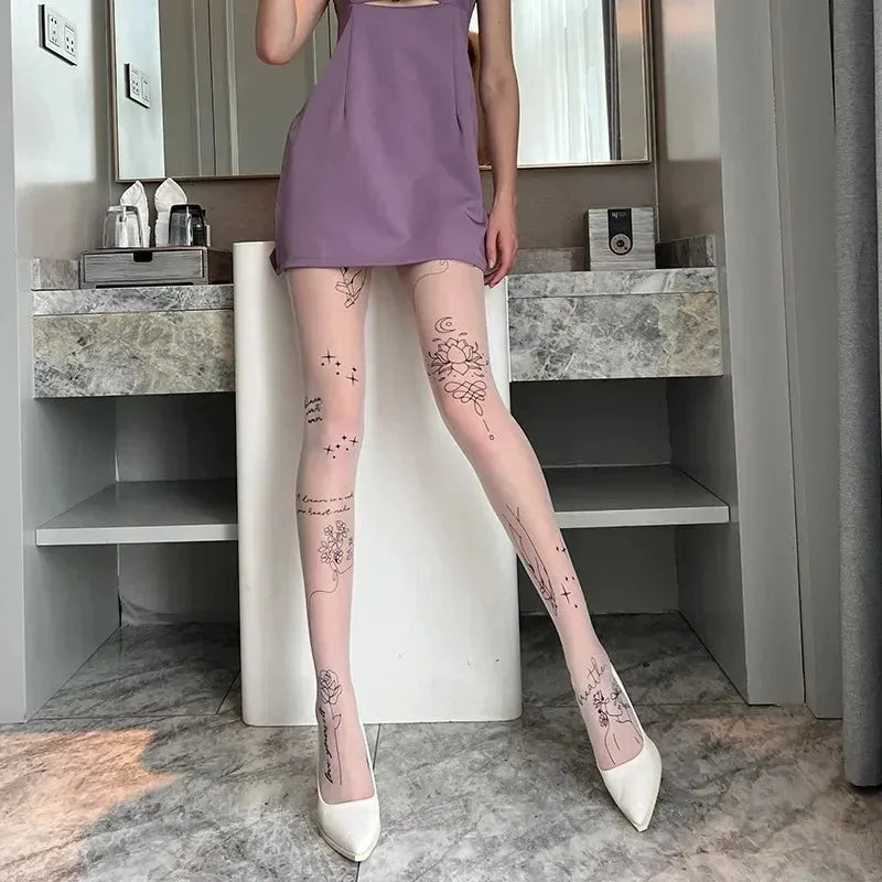Tights Women Women Sexy Tights with Patterned Tattoos Pantyhose Inscriptions Flower Letter Ladies Thin Long Black StocKINGS