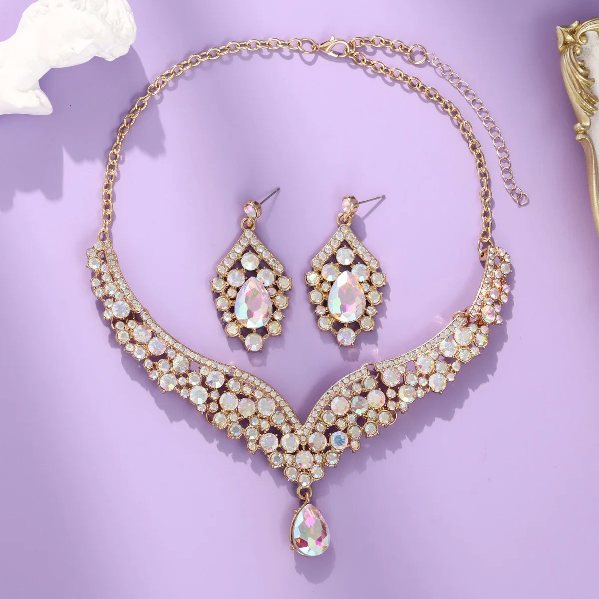 Royal Blue Crystal Wedding Jewelry Sets for Brides Luxurious V-Shape Water Drop Necklace Earrings Set Fashion Trendy Jewelry Ac