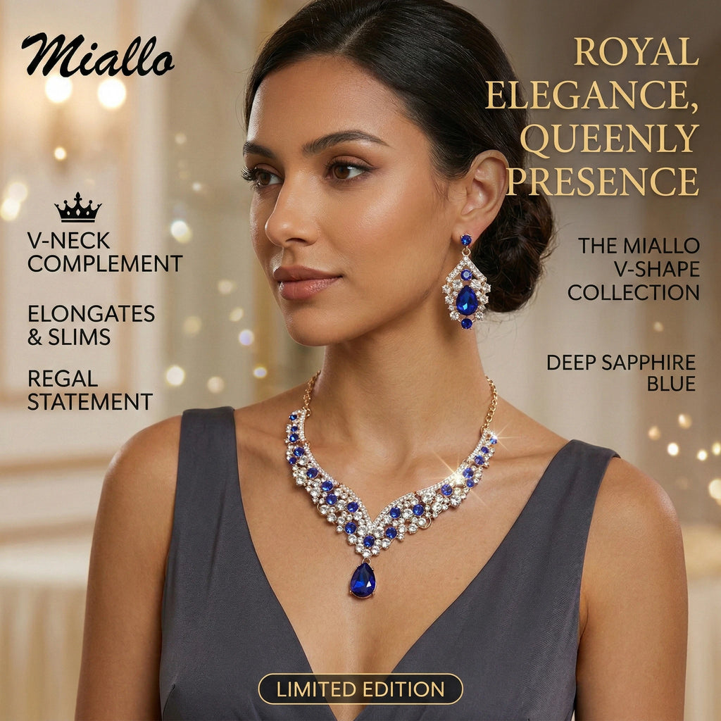 Royal Blue Crystal Wedding Jewelry Sets for Brides Luxurious V-Shape Water Drop Necklace Earrings Set Fashion Trendy Jewelry Ac