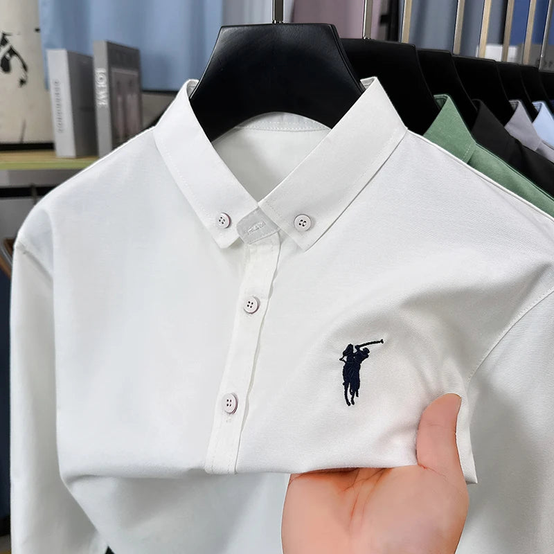 Luxury Goods High-end Embroidery 100% Pure Cotton Long Sleeved Shirt Men's New Shirt Men's Casual Loose Top Business Men