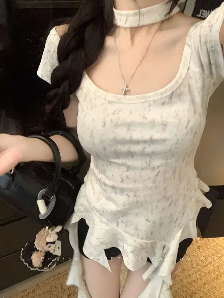 Summer Woman Tshirts Sweet Crop Tops 2025 Ropa Mujer Koream Camisetas Tunic Sexy Tees Chic Tie-dye Ruffles Irregular Y2k T-shirt