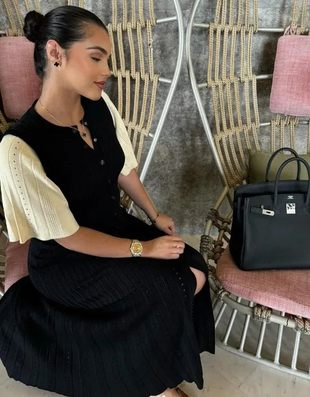 Elegant Pleated Hem Street Fashion O Neck Bell Sleeve Slim Knit Midi Dress 2026 Women Summer Beach Swimsuit Cover Up Tunic A3055