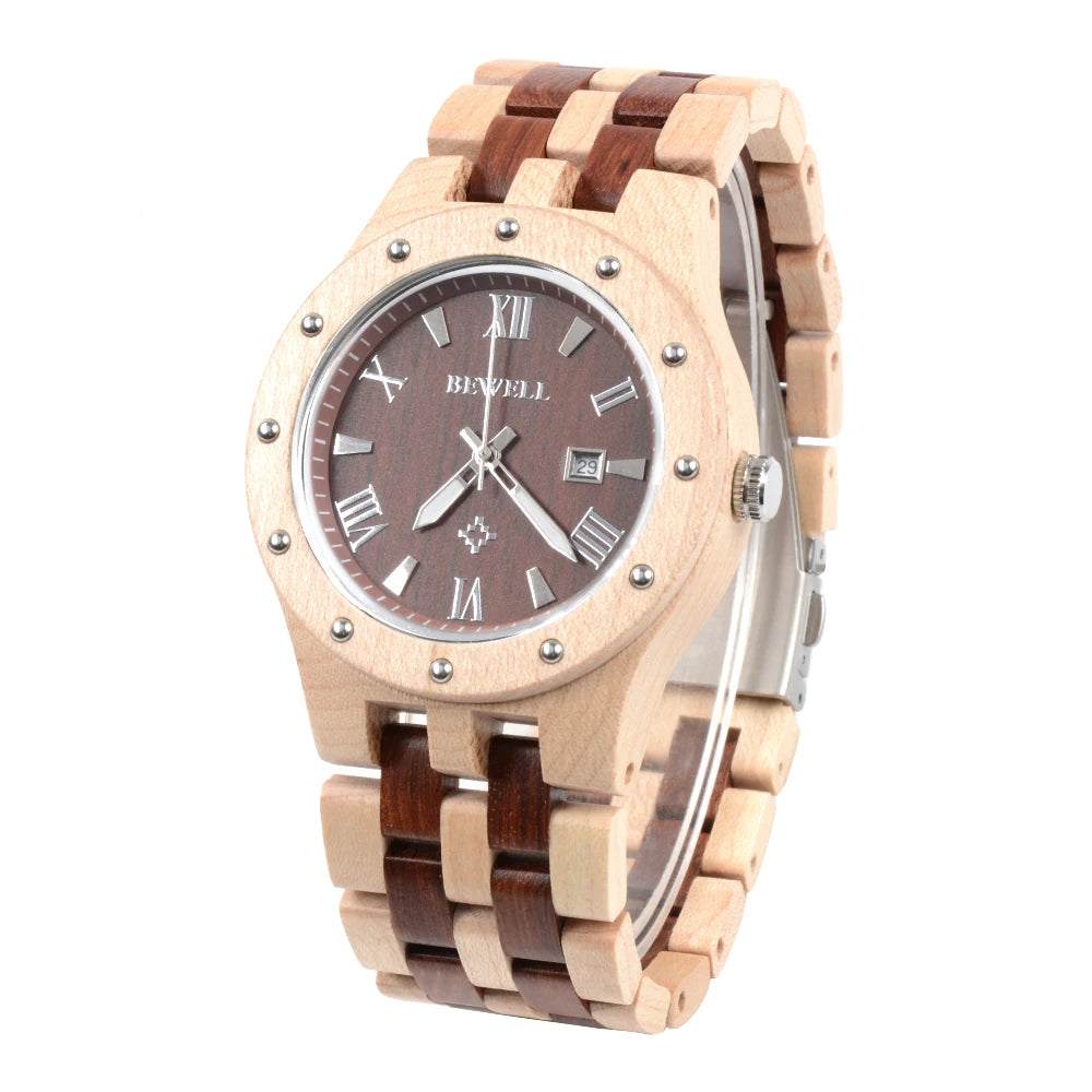 Men's Wooden Watches Handmade Date Display Analog Quartz Luminous Wristwatch
