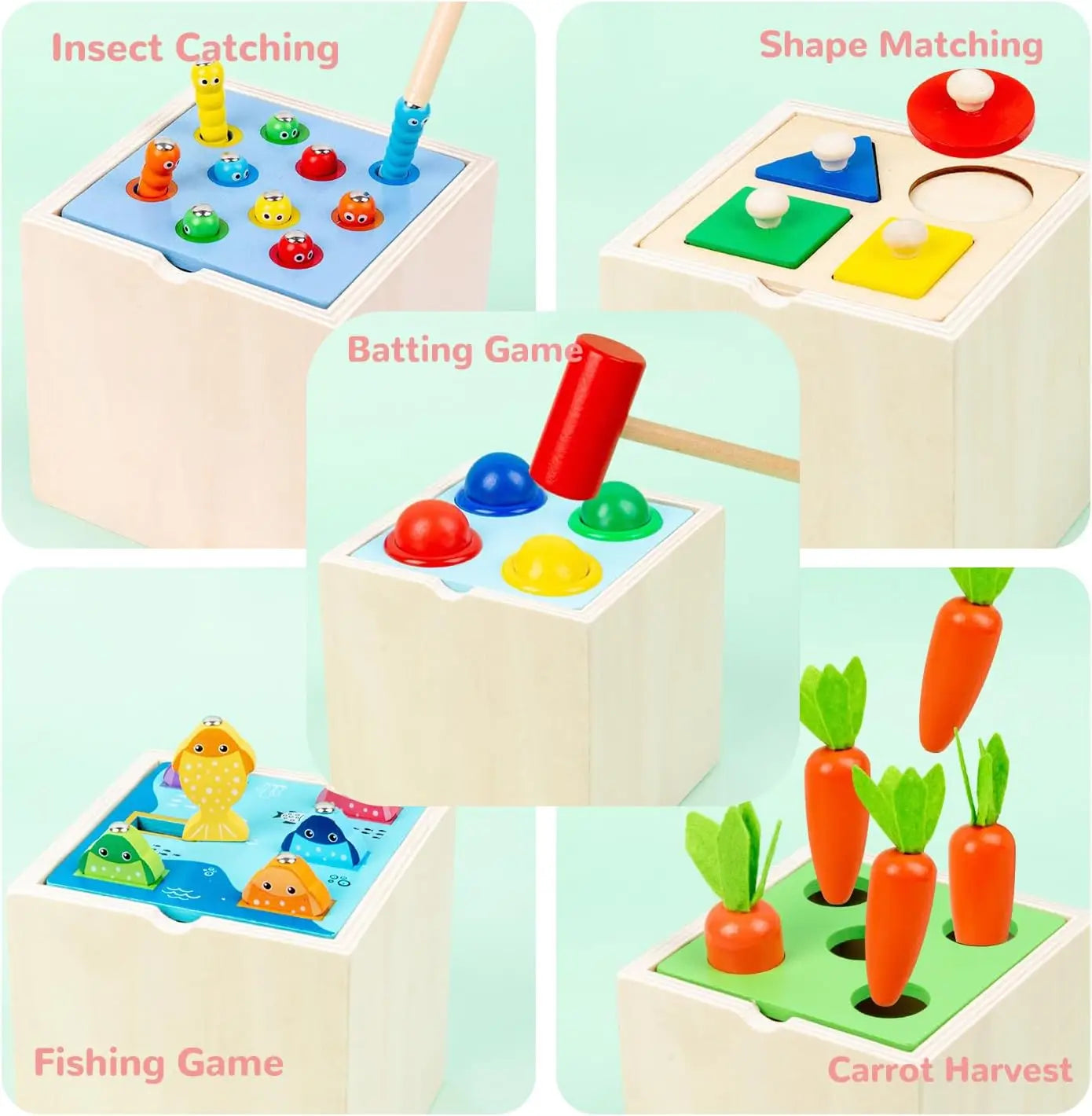 Montessori  Wooden Toy Includes Color Sorting  ,Pulling Carrots, Fishing, Insect Catching Games, Fine Motor Skills Toy