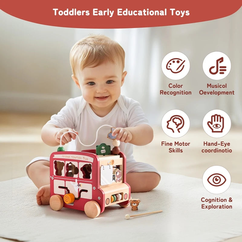 Montessori Wooden Children Toys Busy Toys Educational Games Bus 5 in 1 Busy Box Toys Montessori Baby Toys 0 12 months Gifts Kids