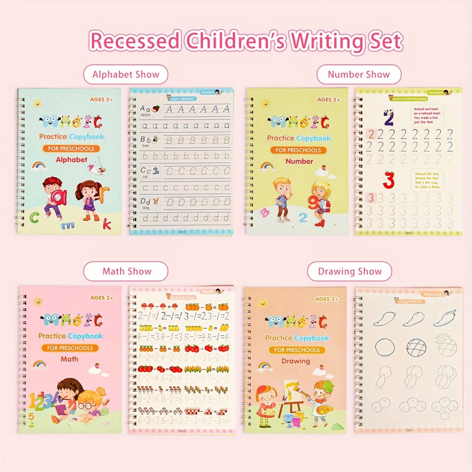 3D Groove Writing Pad Children's Magic Practice Copybooks Set with Pen Reusable Kids Workbooks for Handwriting  4-Pack