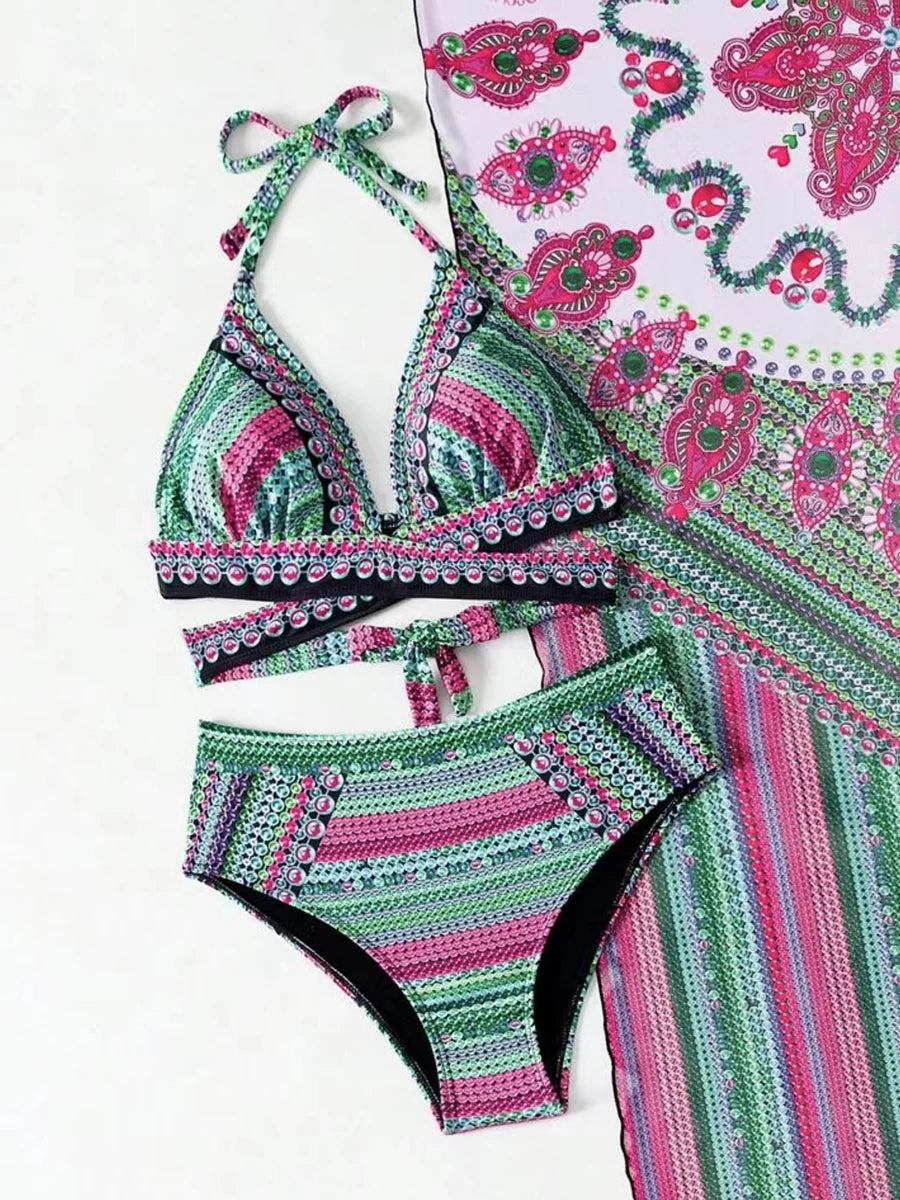 3 Pieces Printed Cross Bikinis 2026 Women Padded Swimwear With Outer Drape Swimsuit Female Bathers Bathing Swimming Suit