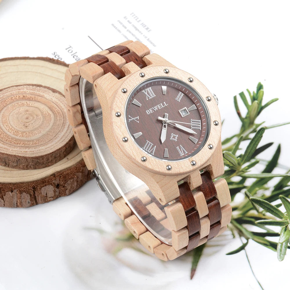 Men's Wooden Watches Handmade Date Display Analog Quartz Luminous Wristwatch