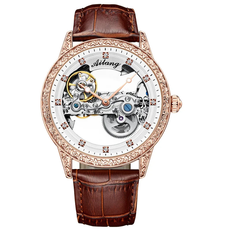 High-End Waterproof Automatic Mechanical Watch with Genuine Leather Strap And Stainless Steel Transparent Back Cover