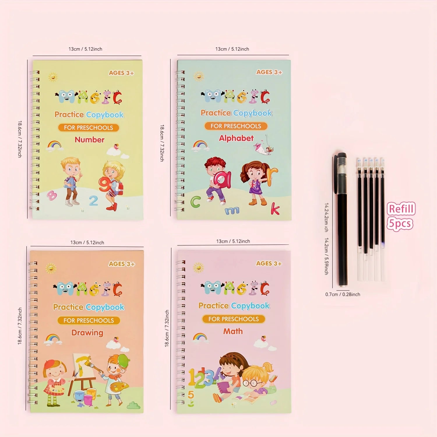 3D Groove Writing Pad Children's Magic Practice Copybooks Set with Pen Reusable Kids Workbooks for Handwriting  4-Pack