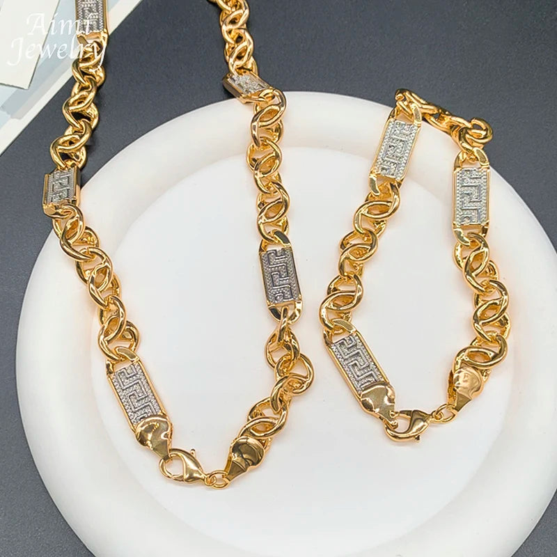 Hip Hop Trendy African Jewelry Sets for Men Women Chunky Necklace Bracelet Gold Plated Fashion Jewellery for Party Daily Gifts