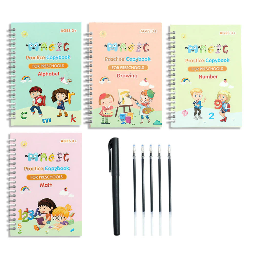 3D Groove Writing Pad Children's Magic Practice Copybooks Set with Pen Reusable Kids Workbooks for Handwriting  4-Pack