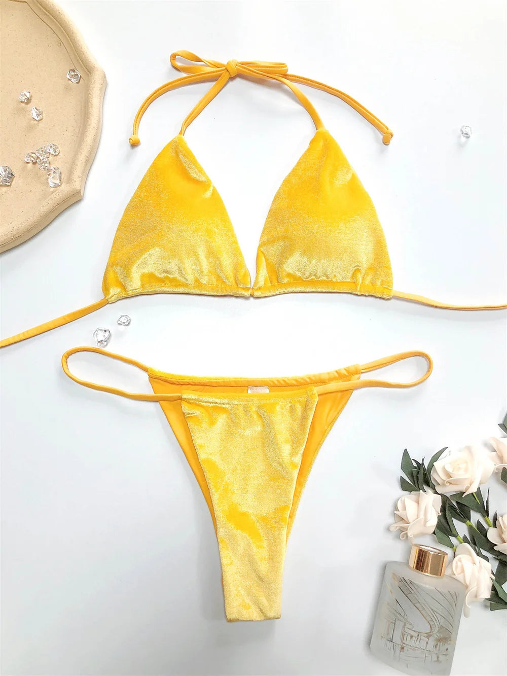 Velvet Bikini Thong Halter Strappy Swimsuit Classic Swimwear Two Piece Women 2026 Beach Outfit Triangle Bikinis Set Bathing Suit
