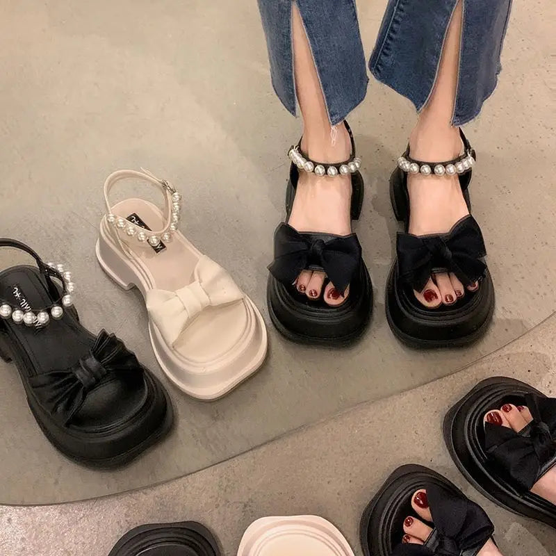 Summer 2025 Sandals for Women Platform One Word Pearl Ladies Shoes Open Toe Beach Wholesale Daily Original Vintage Vip Footwear