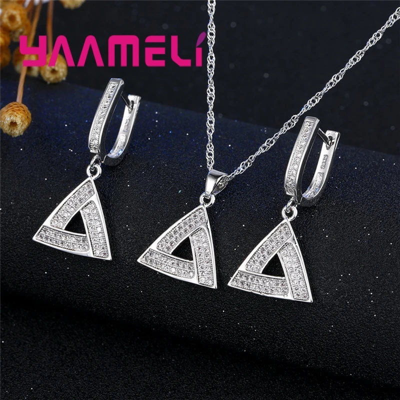 Fashion Shining Style Irregular Modeling Triangel Shape Wedding Jewlery Set For Women  Silver Necklace Earrings