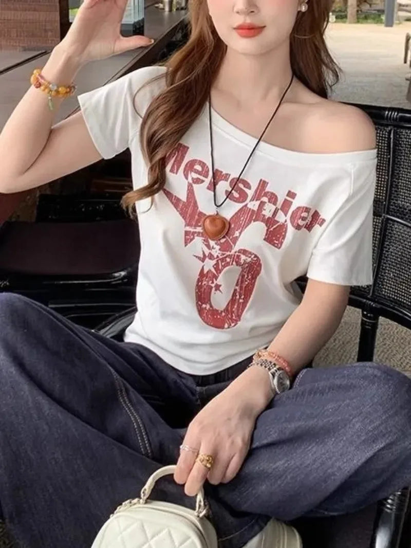 Summer Woman Cotton Outfit One Shoulder T-shirt Cuteore Streetwear Clothing Graphic T Shirts Y2k Ladies Korean Tops Kpop Tshirt