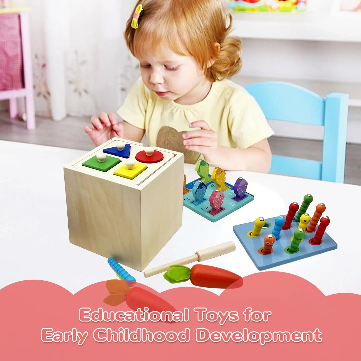 Montessori  Wooden Toy Includes Color Sorting  ,Pulling Carrots, Fishing, Insect Catching Games, Fine Motor Skills Toy