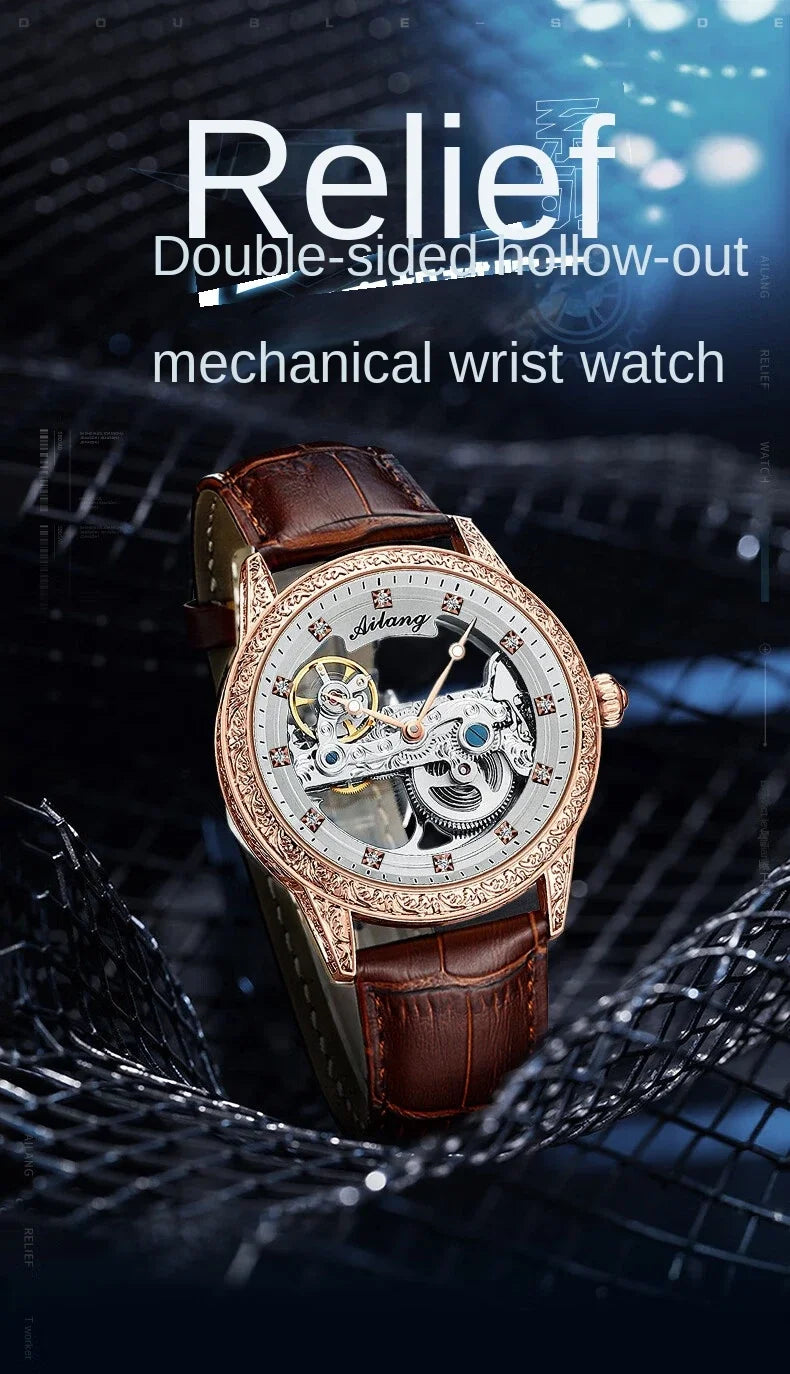 High-End Waterproof Automatic Mechanical Watch with Genuine Leather Strap And Stainless Steel Transparent Back Cover