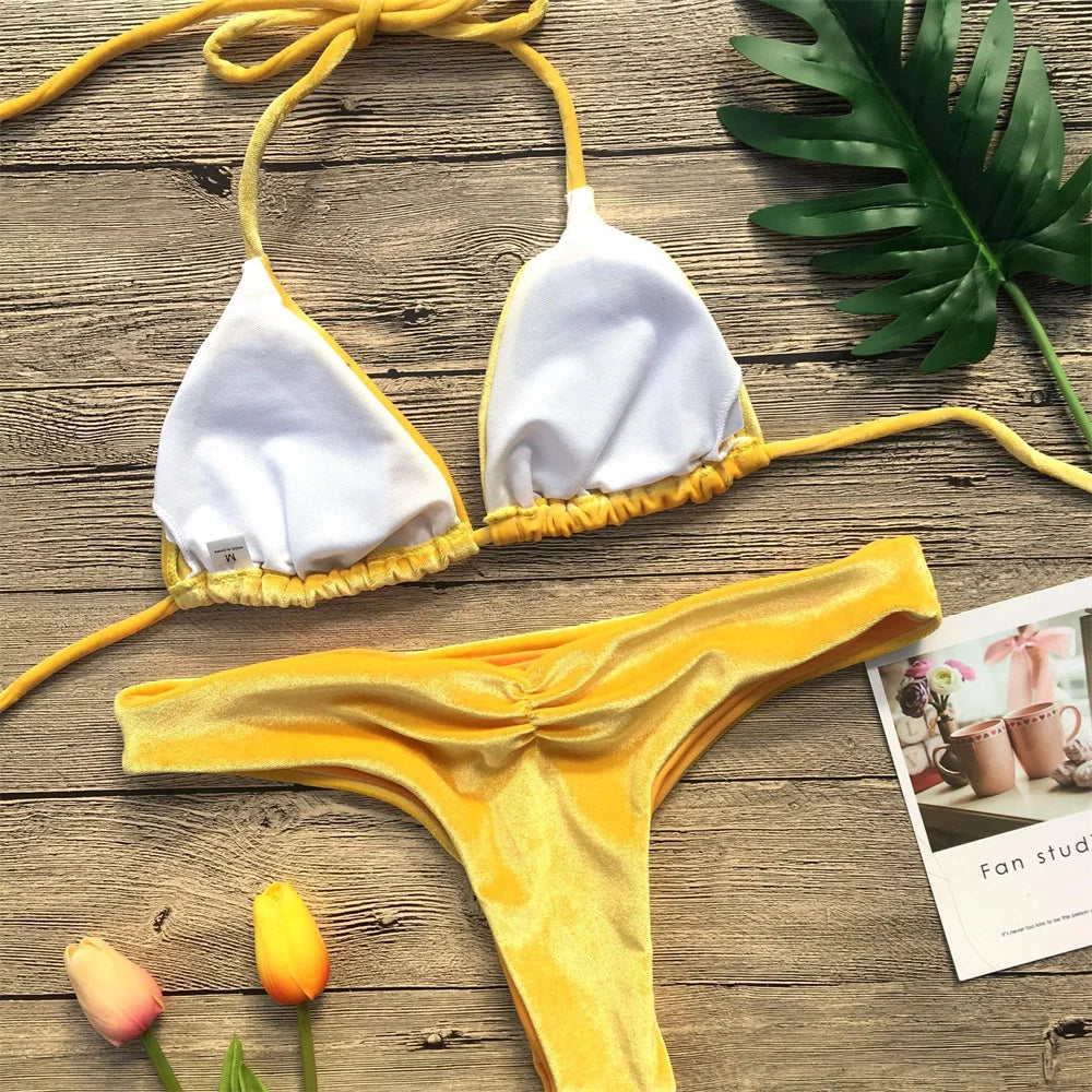 Velvet Bikini Thong Halter Strappy Swimsuit Classic Swimwear Two Piece Women 2026 Beach Outfit Triangle Bikinis Set Bathing Suit