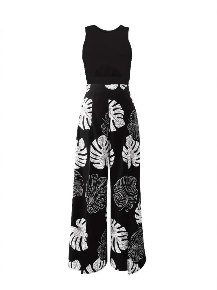 Summe Two Piece Outfits Woman New Women's Elegant Casual Hollow O Neck Short Vest Printed Trousers Set Women Clothes