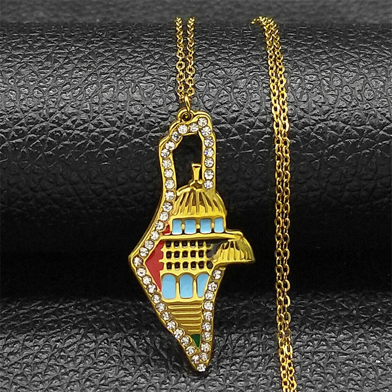 Jerusalem Palace Israel Map Necklace for Women Men Stainless Steel Gold Color Jewish Judaism Chain Jewelry collares