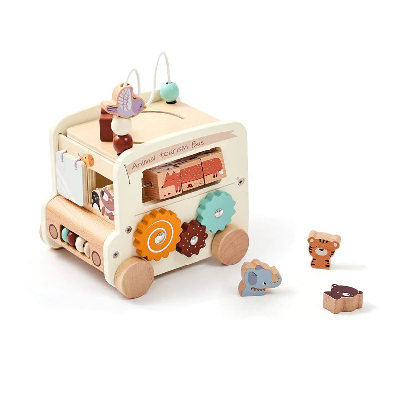 Montessori Wooden Children Toys Busy Toys Educational Games Bus 5 in 1 Busy Box Toys Montessori Baby Toys 0 12 months Gifts Kids
