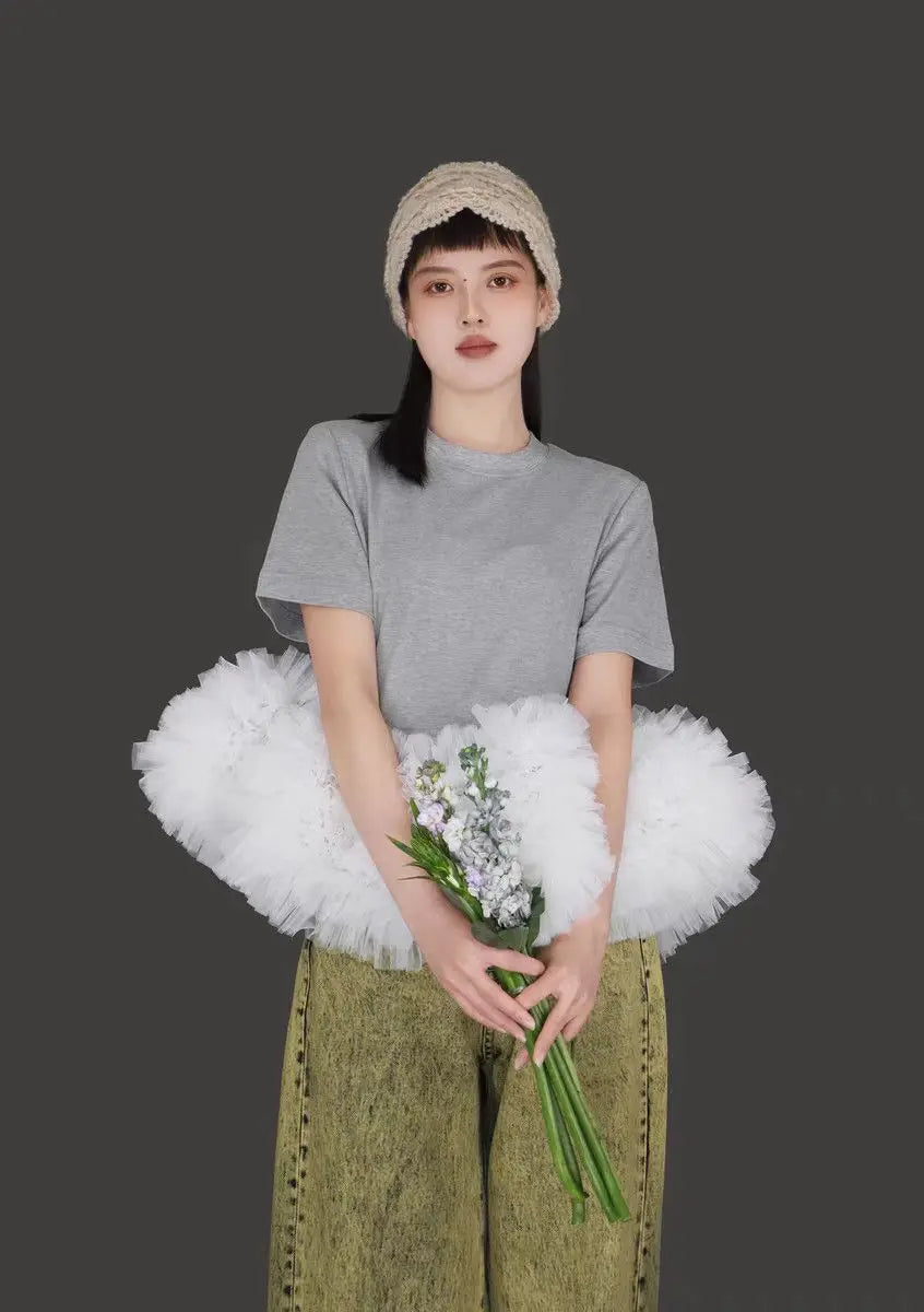 Summer Woman Fairy Mesh Spliced Ruched T-shirt Multi-Layers Gauze Ruffles Patchwork Tees Net Yarn Pleated Jumpers Crop Tops 2025