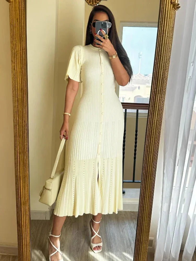 Elegant Pleated Hem Street Fashion O Neck Bell Sleeve Slim Knit Midi Dress 2026 Women Summer Beach Swimsuit Cover Up Tunic A3055