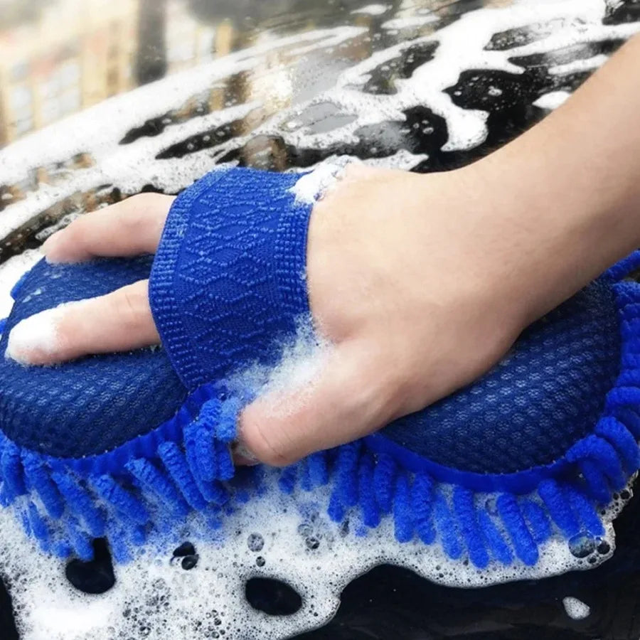 【Blue Microfiber Chenille Car Wash Sponge】1PC Auto Cleaning Pad | Absorbent Gloves | Styling Accessory