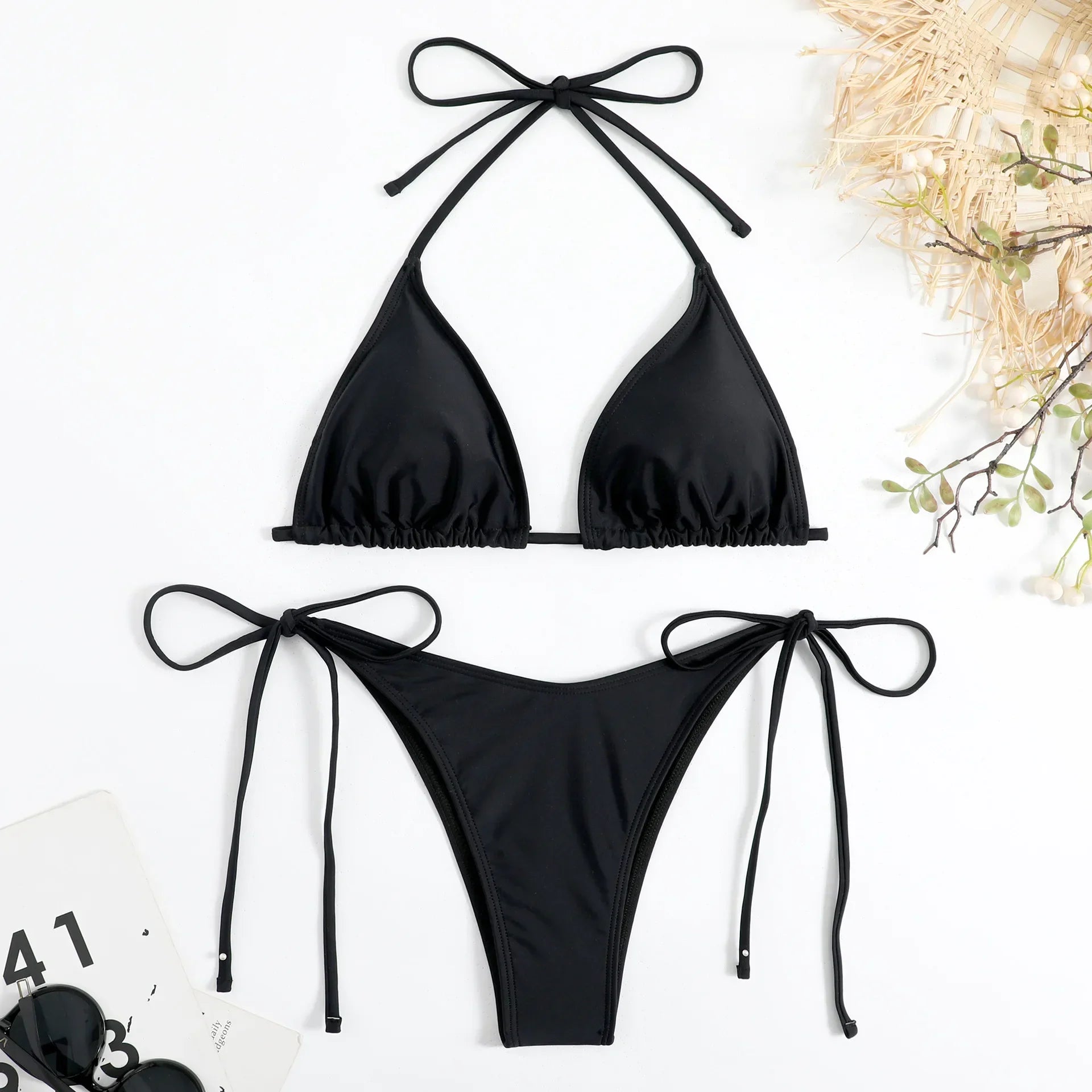 Sexy Women Thong Solid Color Bikini Set Women Side Halter Tie Swimsuit Split Strap Adjustable Brazilian Swimwear Beachwear