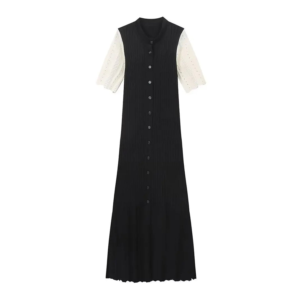 Elegant Pleated Hem Street Fashion O Neck Bell Sleeve Slim Knit Midi Dress 2026 Women Summer Beach Swimsuit Cover Up Tunic A3055