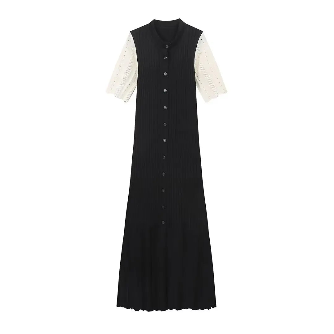Elegant Pleated Hem Street Fashion O Neck Bell Sleeve Slim Knit Midi Dress 2026 Women Summer Beach Swimsuit Cover Up Tunic A3055