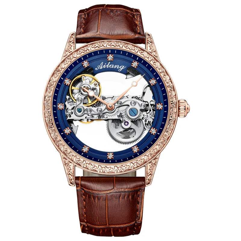 High-End Waterproof Automatic Mechanical Watch with Genuine Leather Strap And Stainless Steel Transparent Back Cover