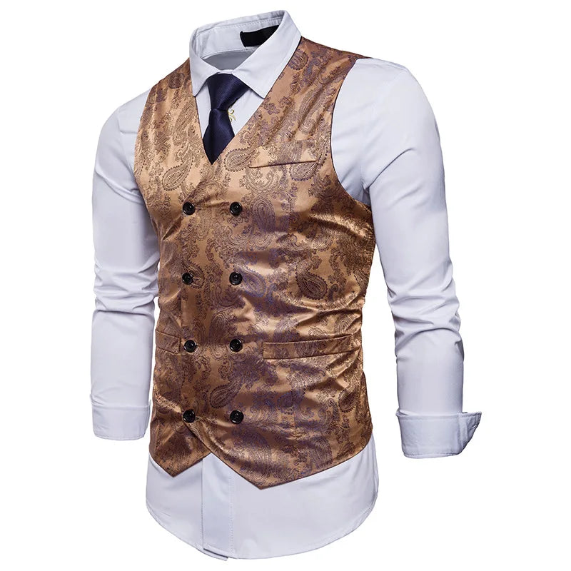 New Men's High-end Jacquard Suit Vest Fashion Double Breasted Slim Vintage Print Formal Waistcoats Men Party Wedding Vest Jacket