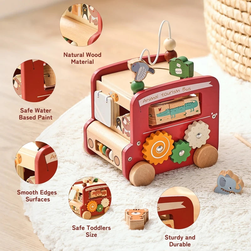 Montessori Wooden Children Toys Busy Toys Educational Games Bus 5 in 1 Busy Box Toys Montessori Baby Toys 0 12 months Gifts Kids