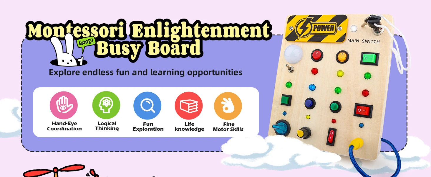 Montessori Busy Board With Switch Control Wooden Toddler Toys Sensory Travel Activities Toys For Kids Puzzle Early Learning Toys