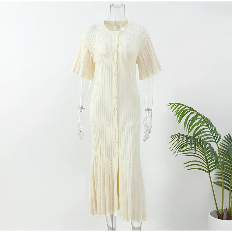 Elegant Pleated Hem Street Fashion O Neck Bell Sleeve Slim Knit Midi Dress 2026 Women Summer Beach Swimsuit Cover Up Tunic A3055
