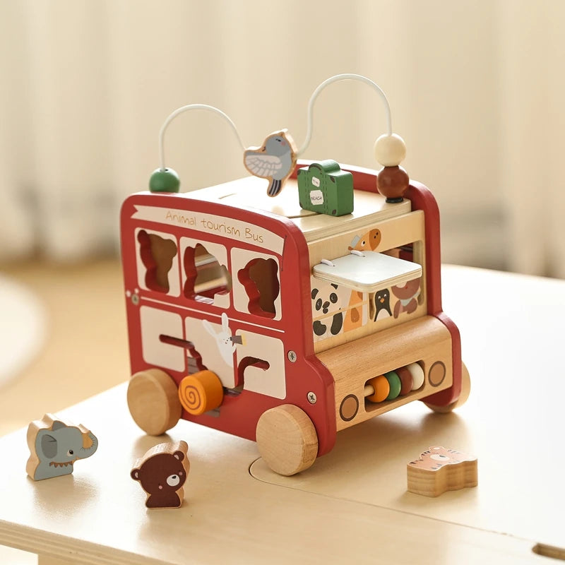 Montessori Wooden Children Toys Busy Toys Educational Games Bus 5 in 1 Busy Box Toys Montessori Baby Toys 0 12 months Gifts Kids
