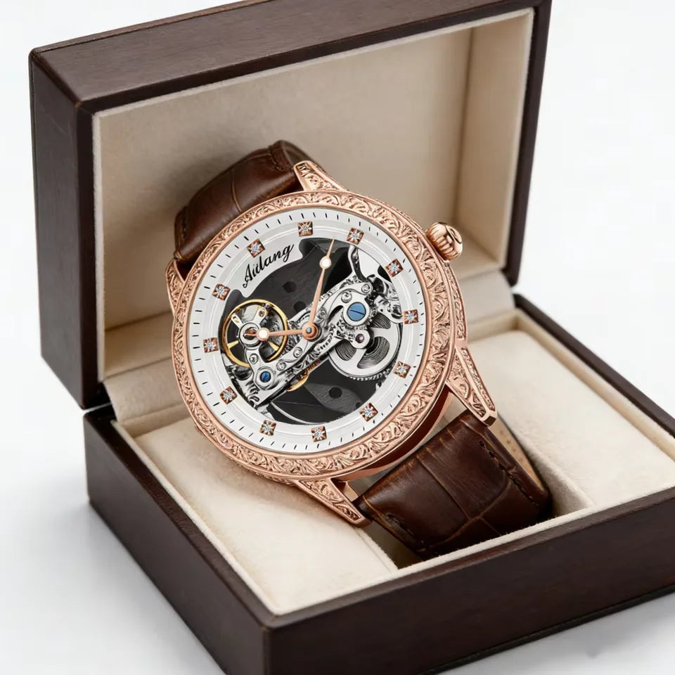 High-End Waterproof Automatic Mechanical Watch with Genuine Leather Strap And Stainless Steel Transparent Back Cover