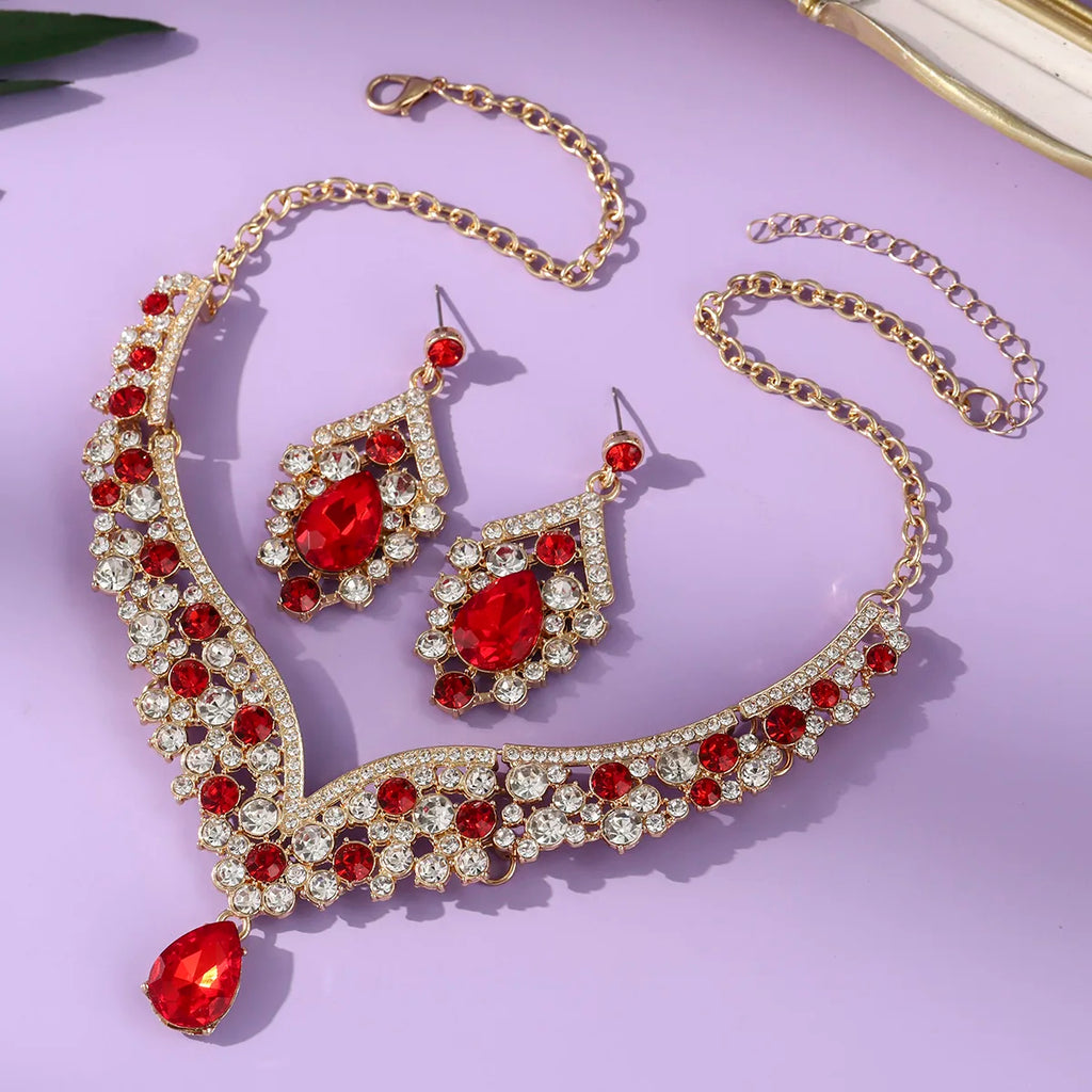 Royal Blue Crystal Wedding Jewelry Sets for Brides Luxurious V-Shape Water Drop Necklace Earrings Set Fashion Trendy Jewelry Ac