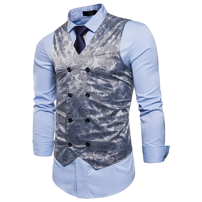 New Men's High-end Jacquard Suit Vest Fashion Double Breasted Slim Vintage Print Formal Waistcoats Men Party Wedding Vest Jacket