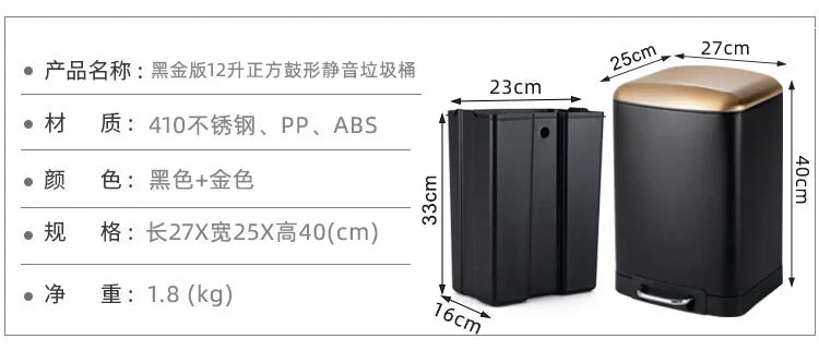 Kitchen Waste Bin 9L, Square Pedal Trash Can with Cover, Stainless Steel Double Bucket Design for Efficient Waste Disposal