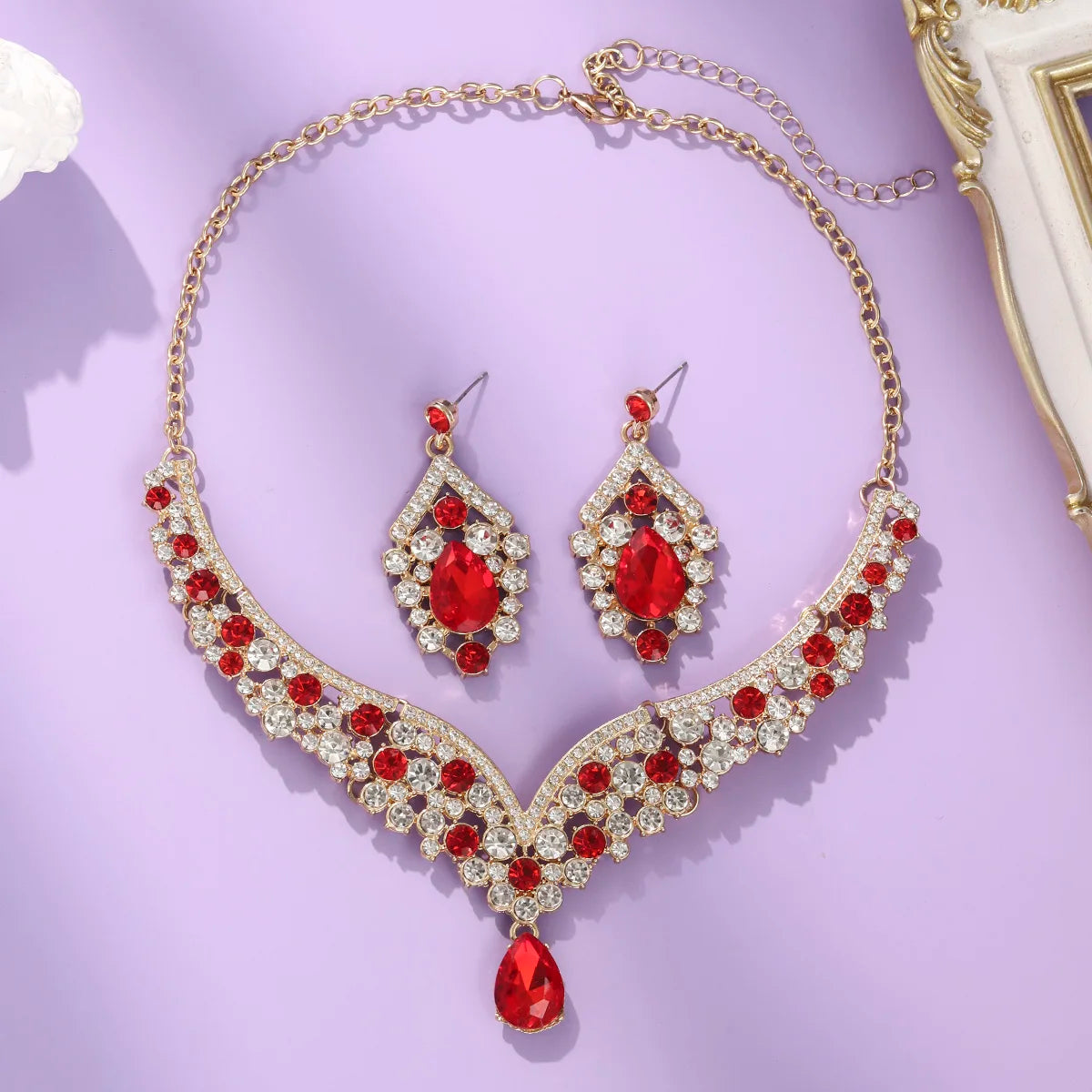 Royal Blue Crystal Wedding Jewelry Sets for Brides Luxurious V-Shape Water Drop Necklace Earrings Set Fashion Trendy Jewelry Ac