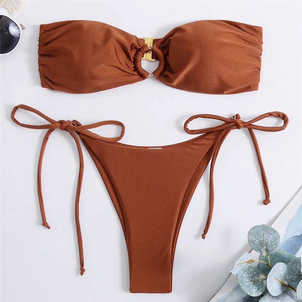 Sexy Diamond Ring Brown Ruched Swimwear Bandeau Bikinis Sets 2026 Mujer Micro Thong Swimsuit Lace-up Bathing Suit Bikini Bather