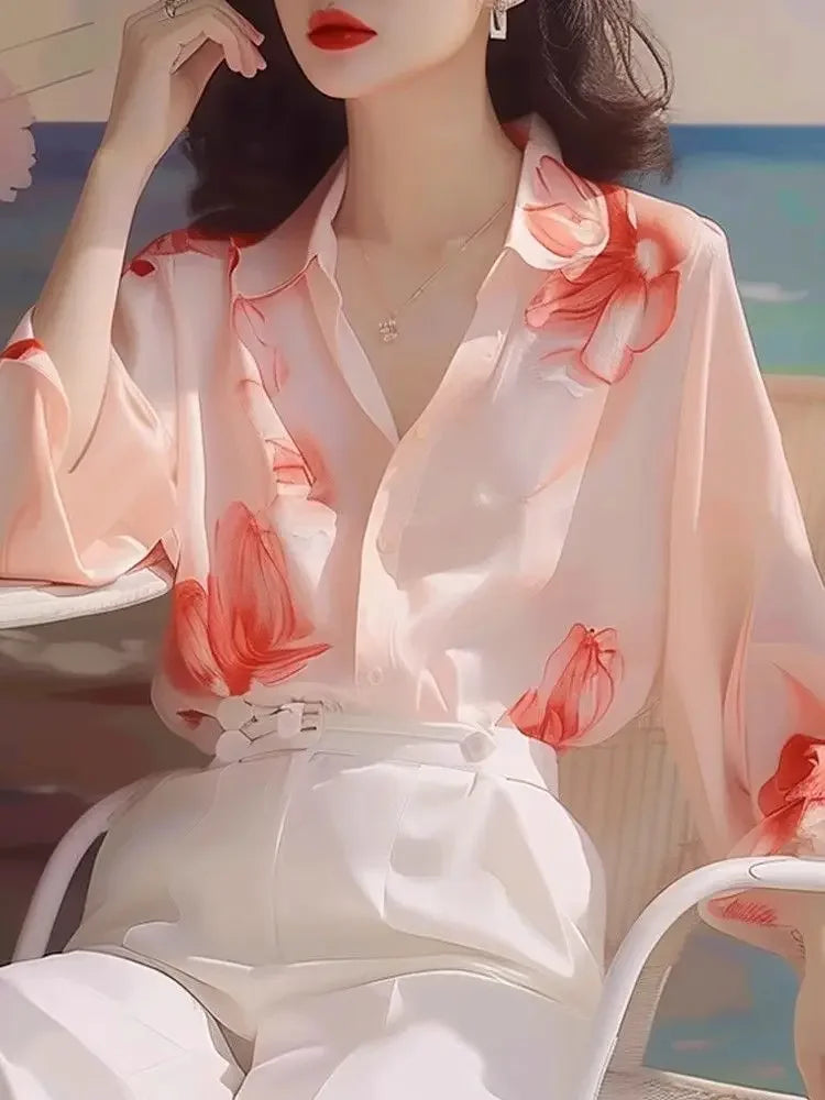 Woman Top Summer Chiffon Full Long Sleeve Shirts & Blouses for Women Aesthetic Clothing Trend 2025 M Modern Tall Fashion Xl Y2k
