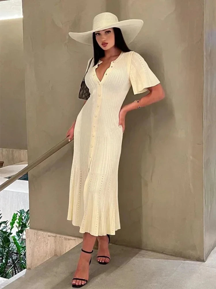 Elegant Pleated Hem Street Fashion O Neck Bell Sleeve Slim Knit Midi Dress 2026 Women Summer Beach Swimsuit Cover Up Tunic A3055