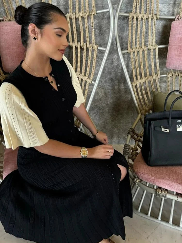 Elegant Pleated Hem Street Fashion O Neck Bell Sleeve Slim Knit Midi Dress 2026 Women Summer Beach Swimsuit Cover Up Tunic A3055
