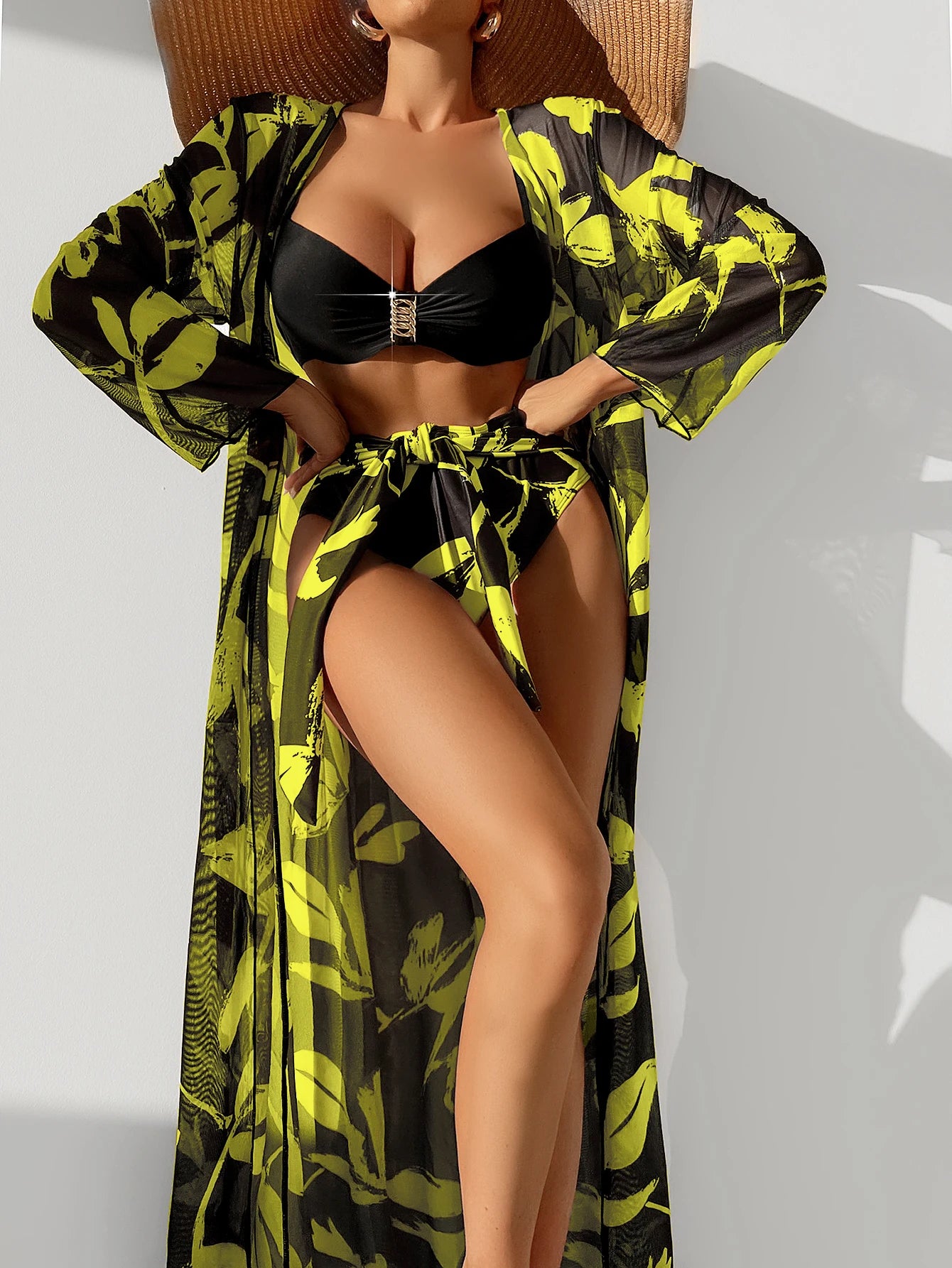 2023 Three Pieces Bikini Set Cover Up Swimwear Women Swimsuit Print Long Sleeve Push Up Bathing Suit Beachwear Swimming Biquini