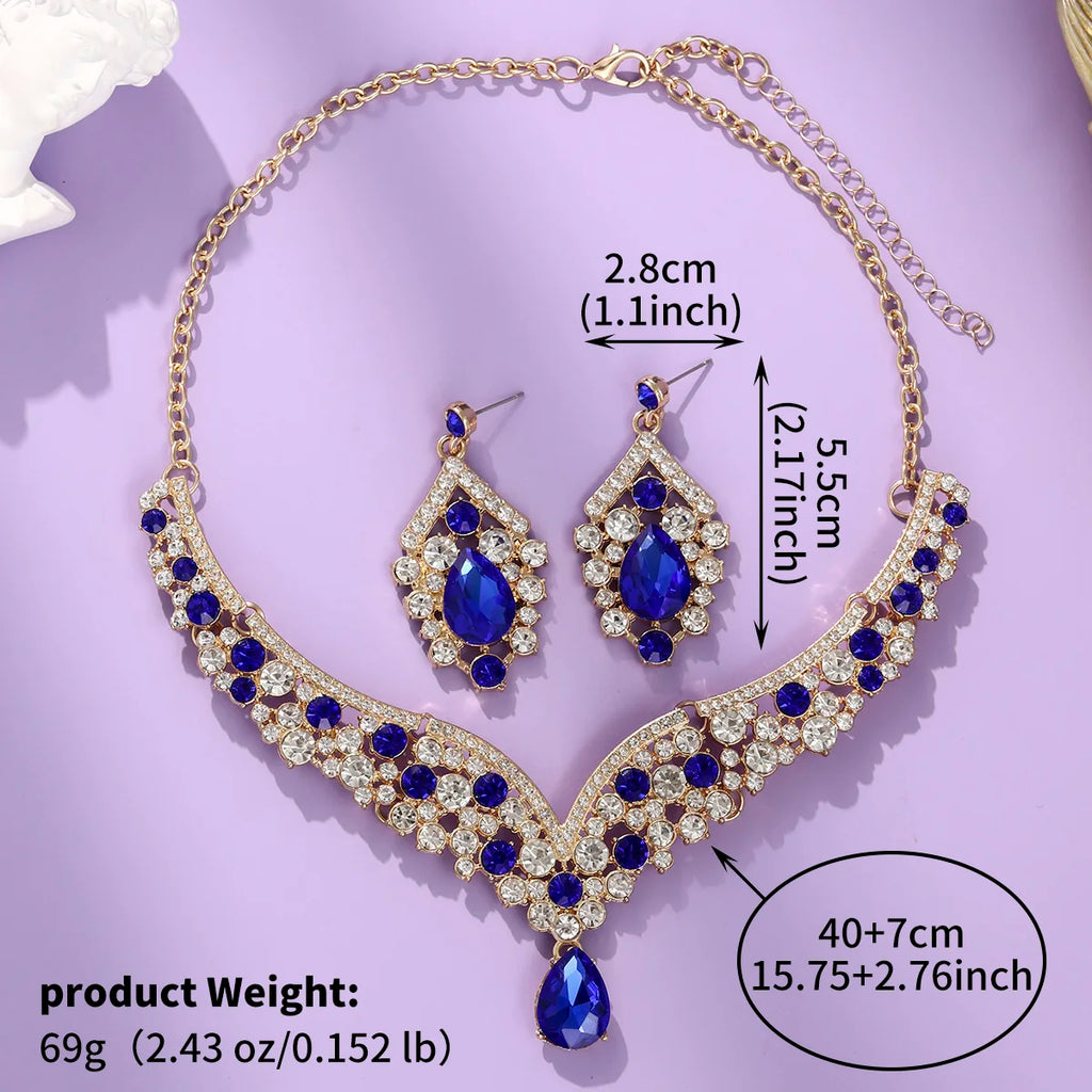 Royal Blue Crystal Wedding Jewelry Sets for Brides Luxurious V-Shape Water Drop Necklace Earrings Set Fashion Trendy Jewelry Ac