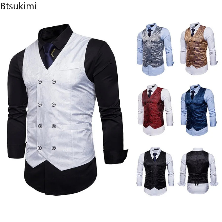 New Men's High-end Jacquard Suit Vest Fashion Double Breasted Slim Vintage Print Formal Waistcoats Men Party Wedding Vest Jacket